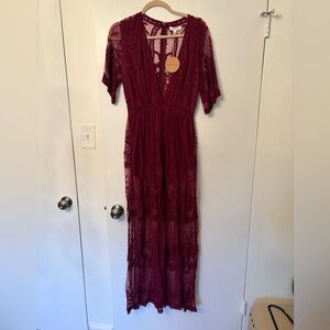 NWT Honey Punch Deep Red Lace Romper/Maxi dress